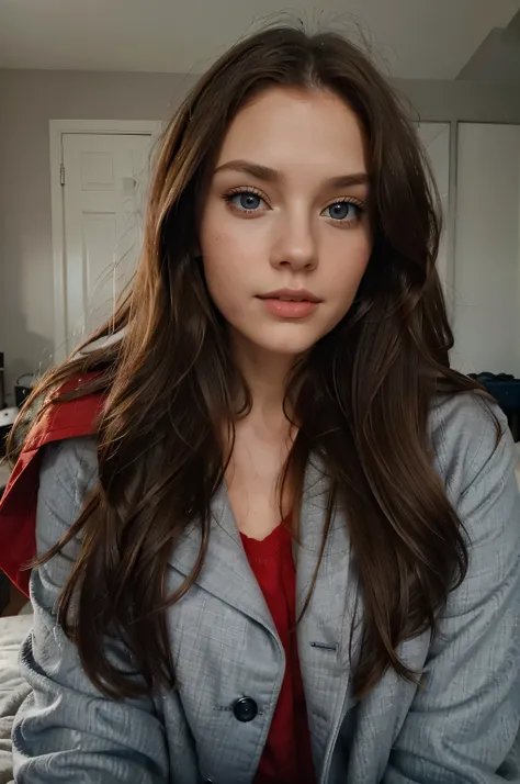 A beautiful youg Caucasian woman, long brown hair, grey-blue eyes, with a red coat, in a bedroom