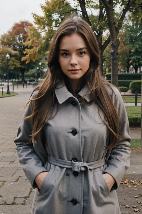 A beautiful youg Caucasian woman, long brown hair, grey-blue eyes, with a brown coat, in the parc