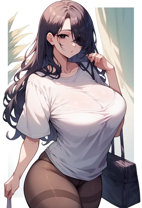 standing, mixed_artwork style, (detailed eyes), (Mature woman), beautiful woman,extra large breasts, black long hair, large bangs, bangs over eye, (casual social clothes, loose shirt, Pantyhose), black eyes, lovely face, mole under eye, huge body