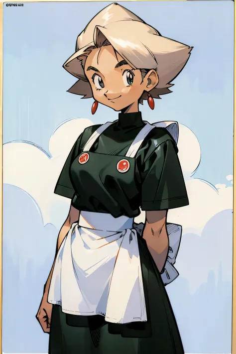 by Ken Sugimori, sugimori 1990s, ((only 1 old woman)), tanned skin, old woman, smiling, apron ((hands behind their back)), full black pupils, manga, best quality, highly detailed, clean lines, cowboy shot, good hands, good eyes, hd, 8k, professional, symme...