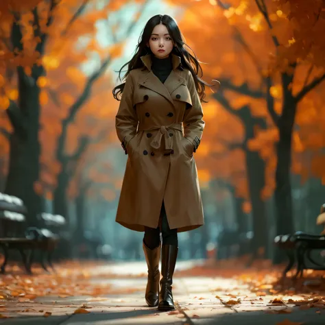 Girl walking through an autumn park, at sunset. General shot of the park, and the girl walking through said park. He is wearing a short trench coat, buttoned at the waist. High black boots. Long hair, high resolution, necessary, Awarded many times, big bre...