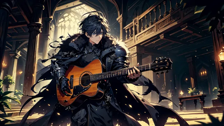 "best quality , high quality , The best details ,Portrait of a Passionate Guitarist,father,Black Knight Armor,((Long black coat)), ((All black)), (blue eyes) ,Black code head covering, Turn to the left of the center..((Long black coat)), ((All black)), (bl...