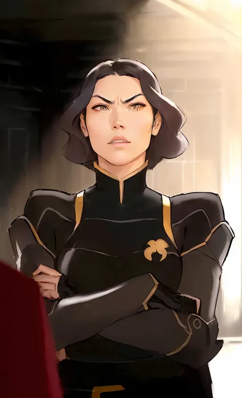 a close-up of a person wearing a black outfit with their arms crossed, Cassandra Cain in satin, Cassandra Cain, legend of korra, portrait of avatar korra, but a stern look at her, korra from the legend of korra, avatar image, Inspired by Chen Jiru, the god...