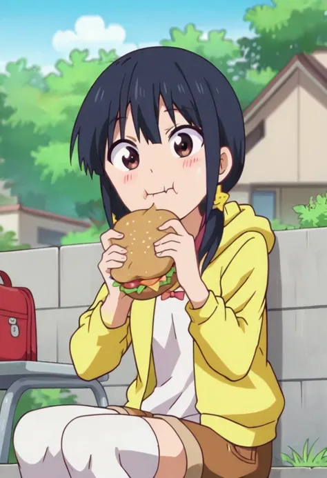 score_9, score_8_up, score_7_up,anime_source, source_anime, best background, detailed background, anime screencap,  Ruri Akutsu, outdoors, day, hood, hoodie, shorts, solo, white thighhighs, blush, happy, eating burger, sitting, 