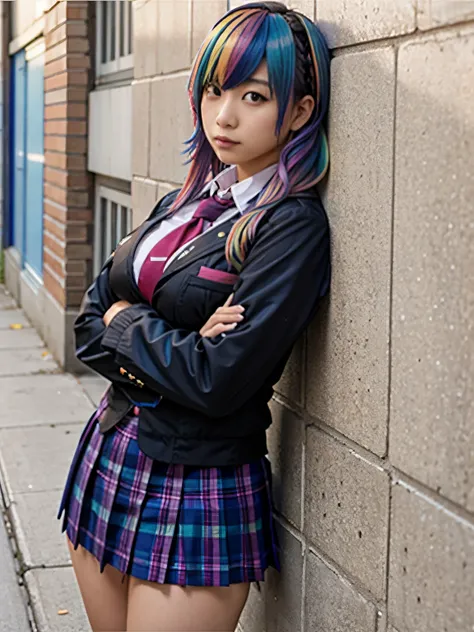 1girl, solo, mature, bimbo, gutter punk, school uniform, rainbow colored hair, serious, arrogant face, large breasts, leaning against wall, long hair