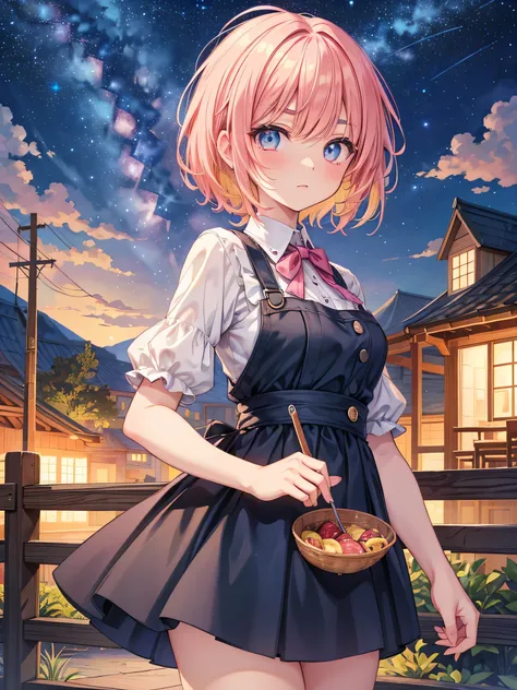 masterpiece,best quality,beautiful anime eyes,very cute face,cowboy shot photo anime, absurdres,Medium short hair, messy heir,Short bangs above brows, pink and yellow hair, starry night sky eyes,Blue Foodie