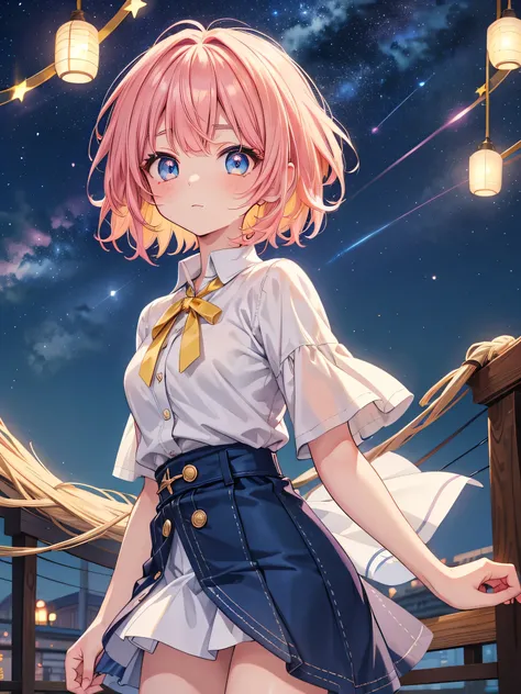 masterpiece,best quality,beautiful anime eyes,very cute face,cowboy shot photo anime, absurdres,Medium short hair, messy heir,Short bangs above brows, pink and yellow hair, starry night sky eyes,Blue Foodie