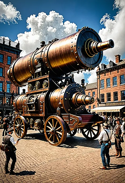 giant cannon with people loading it, steampunk style