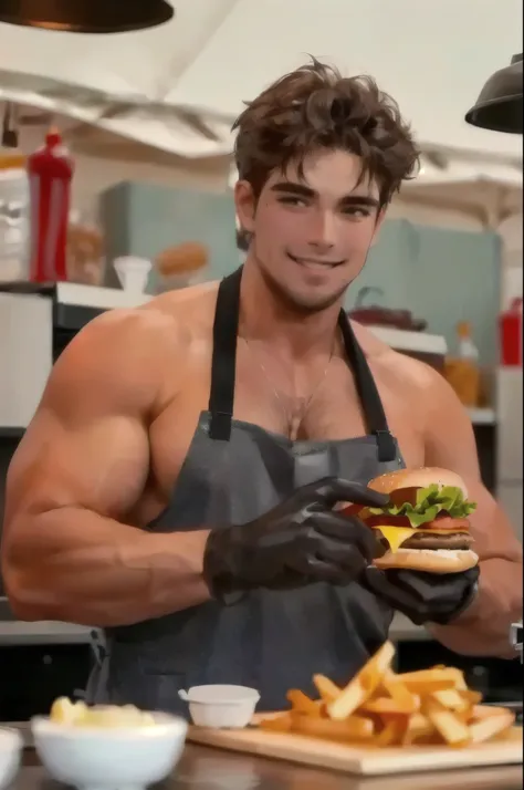 man,asemble a burger,street market tent,white tent,BBQ stove in the background , sexy outfit,big muscle,big tricep, handsome,(white skin), medium short messy hair, comma hair, white with red line apron, looking at the viewer, smile, (wearing black gloves),...