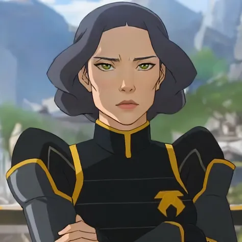 a close-up of a woman in a black and yellow outfit, avatar image, cassandra cain, portrait of avatar korra, anya de spy x family...