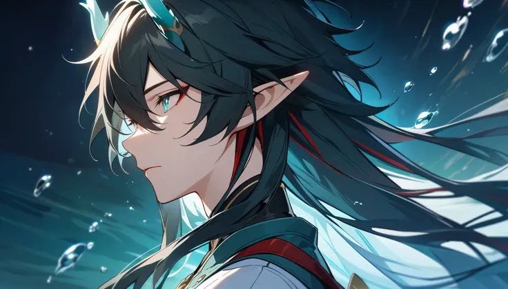 1boy, dan heng, imbibitor lunae, dan heng il, honkai star rail, elf ears, long hair, black hair, horns, underwater, dark green b...