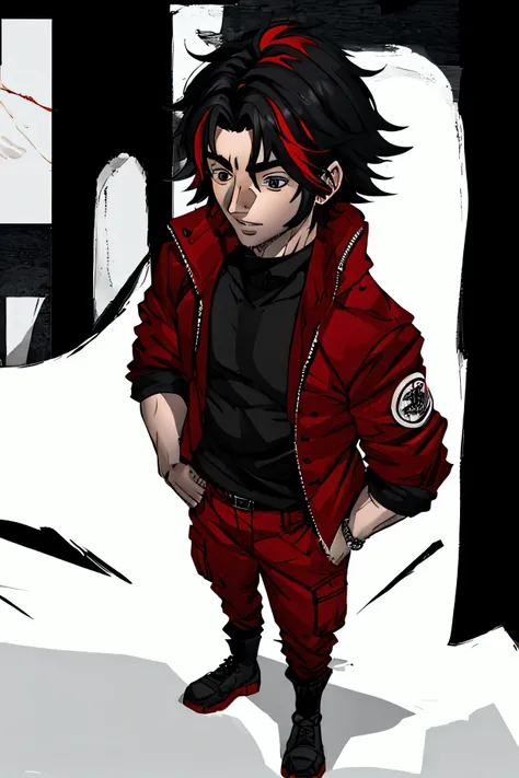 Anime guy with black fluffy hair and red streaks wearing a jacket and cargo pants