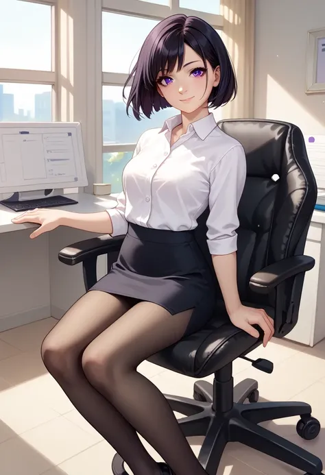 score_9, score_8_up, score_7_up, source_anime, solo, 1girl, sail0rs4turn, light smile, looking at you, sitting, swivel chair, short hair, black hair, bob cut, purple eyes, white shirt, collared shirt, black skirt, pencil skirt, black pantyhose, indoors, of...