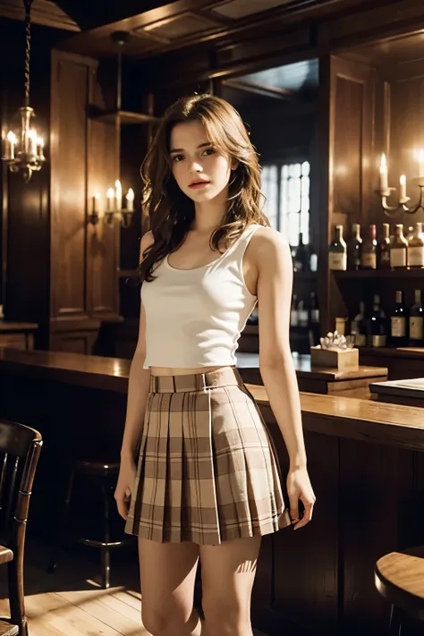 18 year old Emma Watson stands in full view in a magical school bar, She wears a short plaid school skirt, a tight white tank top and a short vest in the red and gold colors of Gryffindor, The decor around her includes floating candles, wooden furniture an...