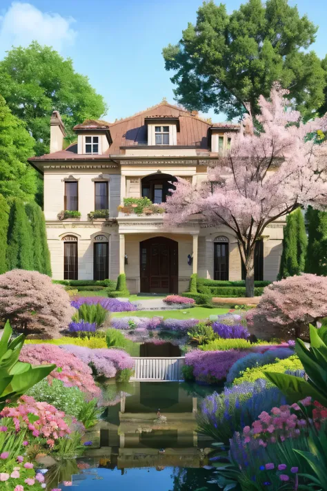 create a mansion with beautiful trees around and a beautiful stream with lots of flowers