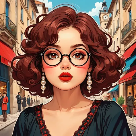 Illustrations de bande dessinée、Une femme .Cheveux  tres longs et bouclés noirs, joues rondes, grands yeux marron  lunettes, style rétro anime, robe mignonne, longs cils, lèvres rouges, un peu ronde, visage mignon, boucles de perles  fond dune ville rétro ...