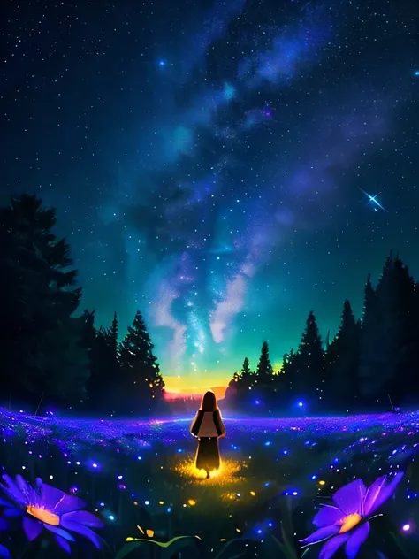 a beautiful girl in a starry night field, glowing neon fantasy flowers all around, fireflies sparkling all over, (best quality,4...