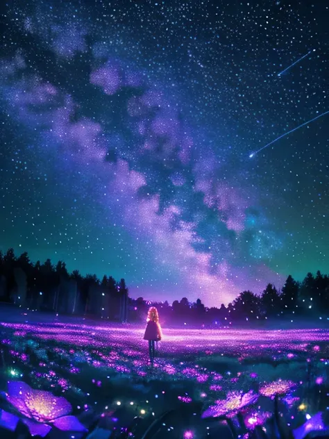 a beautiful girl in a starry night field, glowing neon fantasy flowers all around, fireflies sparkling all over, (best quality,4...