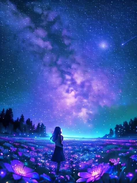 a beautiful girl in a starry night field, glowing neon fantasy flowers all around, fireflies sparkling all over, (best quality,4...