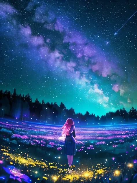 a beautiful girl in a starry night field, glowing neon fantasy flowers all around, fireflies sparkling all over, (best quality,4...