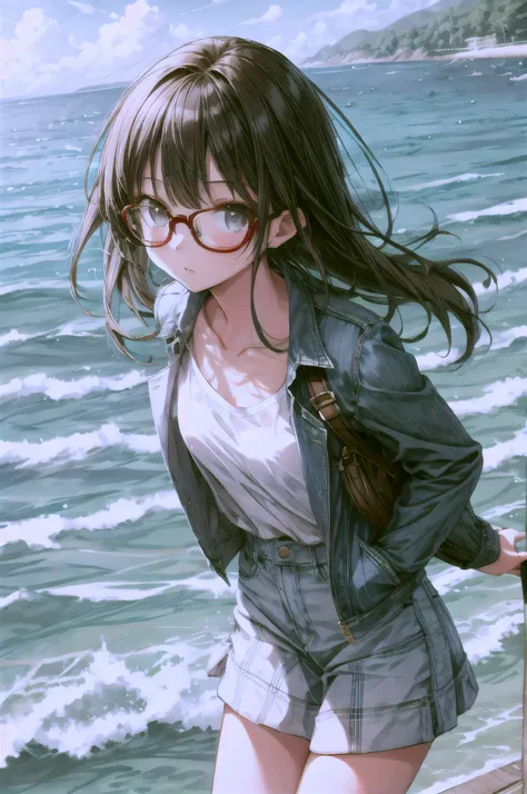 Close-up, Cute girl, alone, Wear glasses, sea