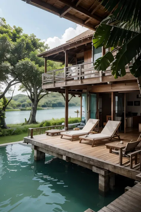 Un belle villa à étages situé sur le bord dun fleuve tropical avec un grand hangar à bateau vide pouvant en contenir 03. Le paysage sera orné de forêts denses