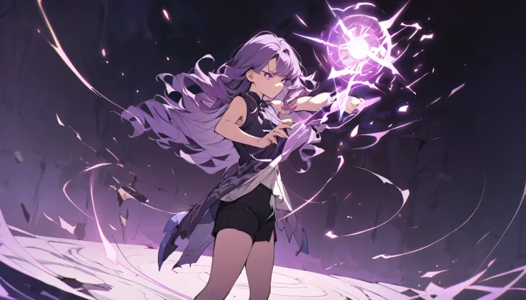 upright, A girl, Solitary, Purple hair, Very long hair, Wavy hair, Side bangs, Broken hair, purple, aesthetic, magic casting, focussed face, fighting stance, short pants, Sleeveless standing, Slightly tilt your head