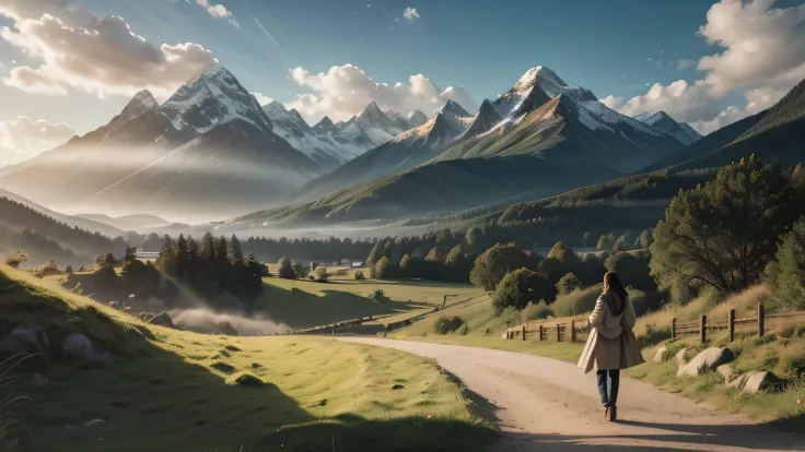 A peaceful image of a person walking along a narrow path in a beautiful green valley, surrounded by imposing mountains. The sun shines brightly in the sky, casting a warm glow over the scene. The person walks with confidence, demonstrating purpose, symboli...