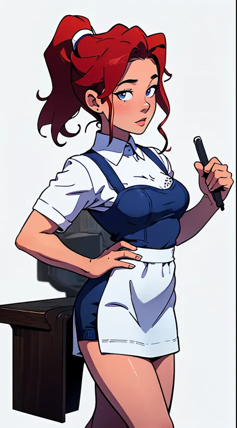 masterpiece, best quality, full body, highest image quality, waitress, looks like Olivia Dunne, bright red hair, ponytail, blue eyes, large breasts, wearing a waitress uniform with apron, White background, empty background, standing, one hand on hip, holdi...