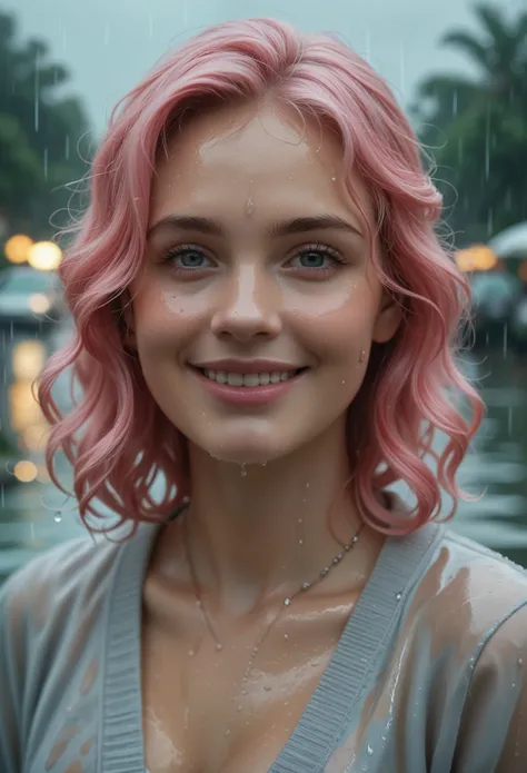 beautiful Woman with long pink hair, walking in the summer rain, ((in a city park)), ((fully dressed)),((rain)),  light gray cardigan), wifes, jewelry, beads, Close-up fantasy with water magic., housewife, cloudy, wet, tropical, summer palette, playful, ge...