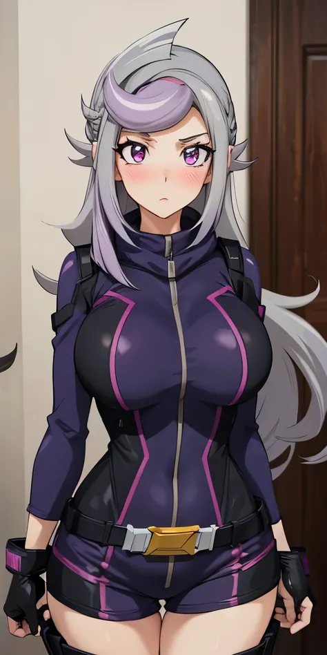 1 Female,High definition,high resolution,Ultra-realistic,8K, 1girl, (emma_bessho:1.2), (grey hair:1.2), (purple hair:1.2), pink eyes, low-tied long hair, (large breasts:1.2), (wide hips:1.2), (purple bodysuit:1.2), (long sleeves:1.2), pants, (black gloves,...