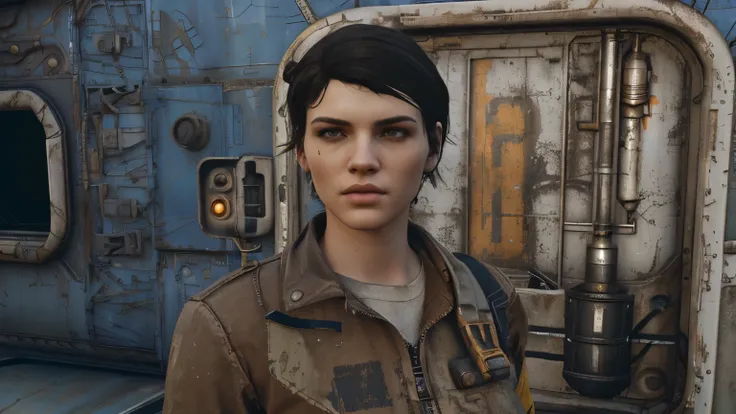 There is a young woman standing in front of a machine., main character faith, character faith, in the Fallout wasteland, Androgynous person, attractive androgynous humanoid, realistic restored face, androgynous face, Gordon Freeman as a woman, androgynous ...