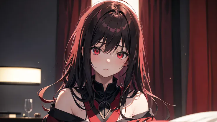 anime, girl, dark, room, blur face, red and black