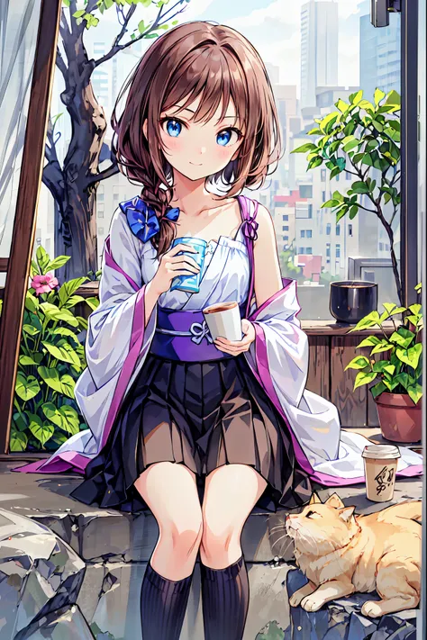 There is a young girl holding a cup of coffee in her hand., Pretty girl - well-groomed face, Cute natural anime face, Cute - Well-balanced - Face, Sakimi-chan, Chiho, Yoshitomo Nara, Young and pretty face, Beautiful Japanese girl face, Brown Hairで大きな目, Cut...