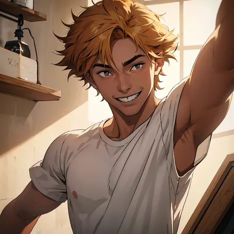 splash art of an eighteen year old young man, fair skin, medium length light golden pointy hair, beautiful round face, smiling pointy teeth, he is wearing a simple white t-shirt, he is in an apartment