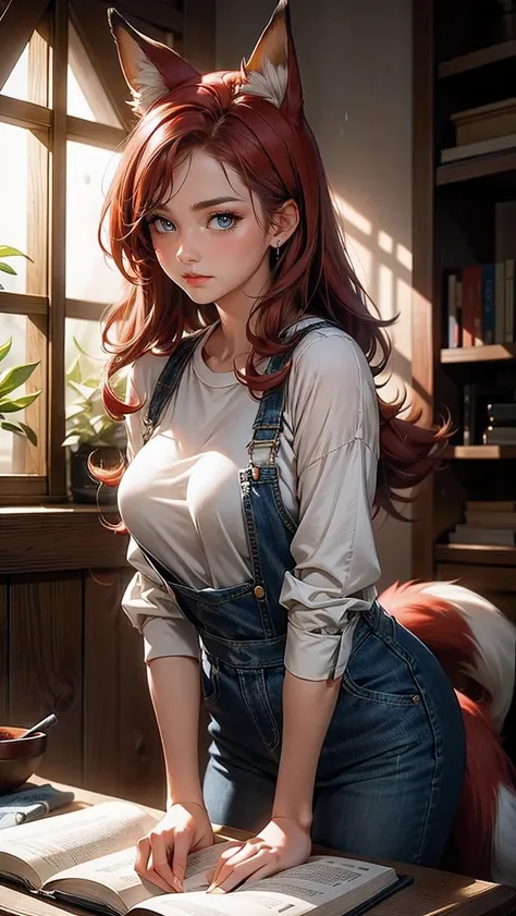 “a charming red-haired fox girl (1.3) with long, flowing red hair (1.4), attentive fox ears, and a bushy fox tail (1.3). she has...