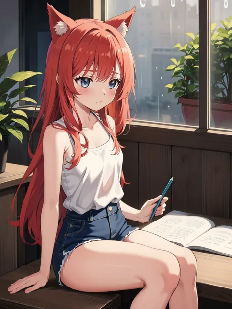 “A charming red-haired fox girl (1.3) with long, flowing red hair (1.4), attentive fox ears, and a bushy fox tail (1.3). She has radiant blue eyes (1.3) that contrast beautifully with her hair, giving her a lively and expressive look. She wears a denim ove...