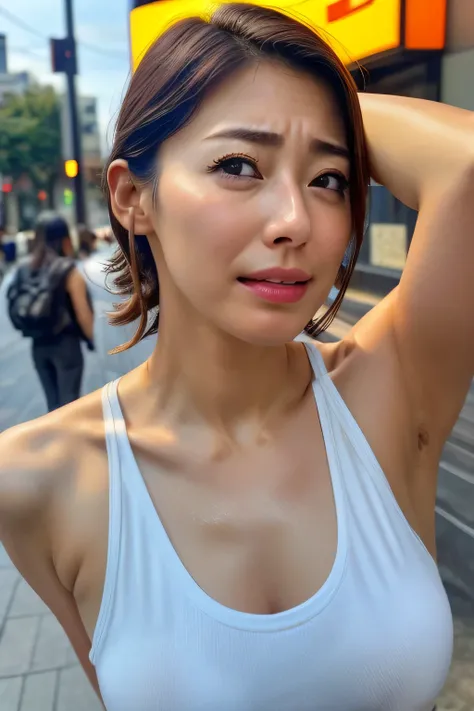 Beautiful Japanese actresses,1 girl,Flying debris,,Award-winning photo, Very detailed, Focus your eyes, Nose and mouth,Face Focus, extreme close up of face、 Age 35,Brown Hair、Symmetrical face,Realistic nostrils、Angle from below、Elongated C-shaped nostrils,...