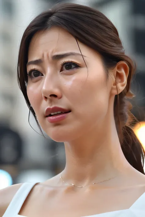 Beautiful Japanese actresses,1 girl,Flying debris,,Award-winning photo, Very detailed, Focus your eyes, Nose and mouth,Face Focus, extreme close up of face、 Age 35,Brown Hair、Symmetrical face,Realistic nostrils、Angle from below、Elongated C-shaped nostrils,...