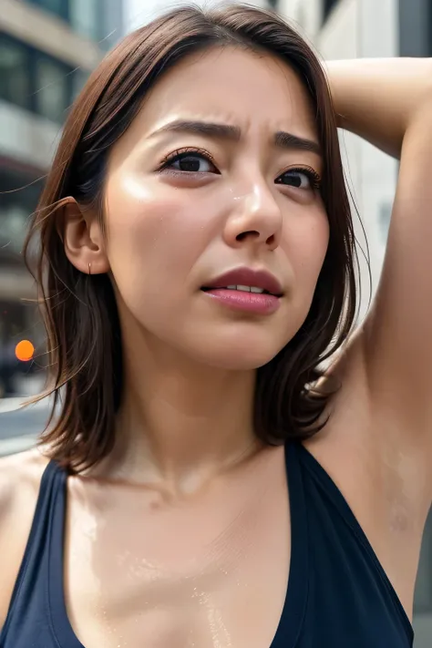 Beautiful Japanese actresses,1 girl,Flying debris,,Award-winning photo, Very detailed, Focus your eyes, Nose and mouth,Face Focus, extreme close up of face、 Age 35,Brown Hair、Symmetrical face,Realistic nostrils、Angle from below、Elongated C-shaped nostrils,...