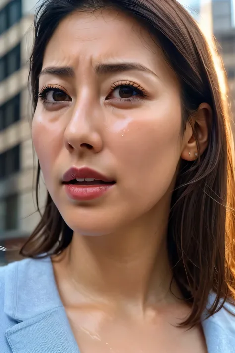 Beautiful Japanese actresses,1 girl,Flying debris,,Award-winning photo, Very detailed, Focus your eyes, Nose and mouth,Face Focus, extreme close up of face、 Age 35,Brown Hair、Symmetrical face,Realistic nostrils、Angle from below、Elongated C-shaped nostrils,...