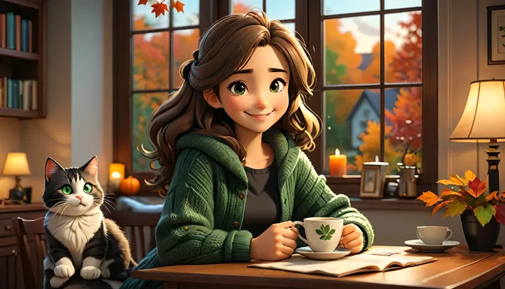 "((Lo-Fi drawing style: 1.5)), a heart-warming and highly detailed 3D rendered illustration of an anime-style young woman sitting at a table at home, smiling and drinking coffee with a fluffy adult cat snuggled up next to her. She is wearing a cozy long ca...