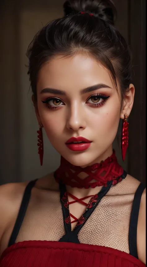 Amazing portrait of a sexy woman with her hair tied back in a high bun with her eyes emphasised by smokey eyeliner gazing at us seductively with her perfect lips parted wearing a red dress with black laces and fishnets