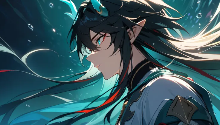 1boy, dan heng, imbibitor lunae, dan heng il, honkai star rail, elf ears, long hair, black hair, horns, underwater, dark green b...