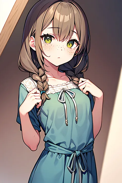 １４Old Village Girl,Small breasts,Light brown twin braids,Gray-green eyes,A simple light blue dress with a drawstring waist.,Freckles,Sunburned Skin