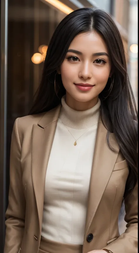 A strong and elegant woman with long, flowing black hair that cascades down her back, deep brown eyes that reflect wisdom and resilience, and a warm, reassuring smile. She wears a sophisticated outfit in earthy tones, featuring a structured blazer and tail...