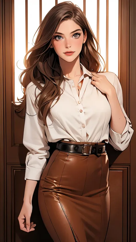 a close up of a woman in a skirt and a shirt, leather, middle shot waist up, leather top, pencil skirt, her hand is on her waist...