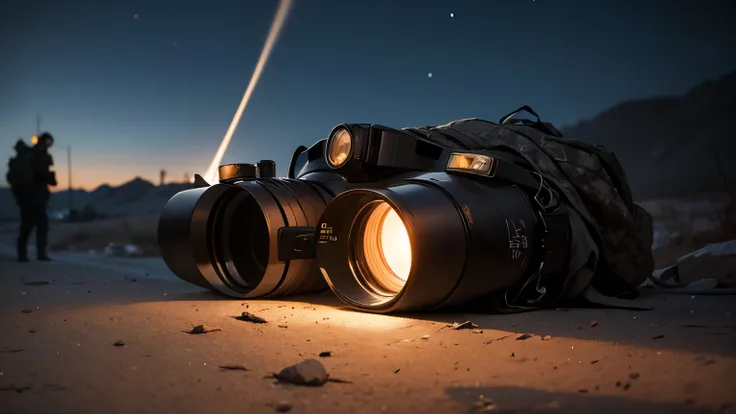 night vision goggles lying on the ground,a bit of smoke coming out from them, night goggles, smoke coming out from night vision goggles, night vision goggles lying on the ground, they lighted by orange glow from sky, orange glow, night on the backround, ep...