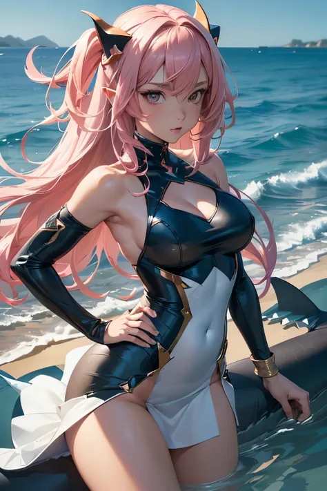 Generates some images of the following with a better, (anime style), pixels, anime woman, (human torso), (lower body of pink shark:1.2), (shark lower body:1.2), (shark down body:1.2), (small brown horns:1.2), (gold eyes:1.1), (long pastel pink hair), (deta...