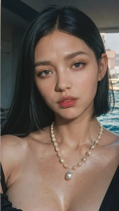 A glamorous 25yo woman with (black bob hairstlye), sparkling blue eyes, and olive skin. She stands (gotic stlye) that reaches the floor, reflecting the sunlight off the yachts. A single pearl necklace adorns her neck. The scene takes place on ((abandon ho...